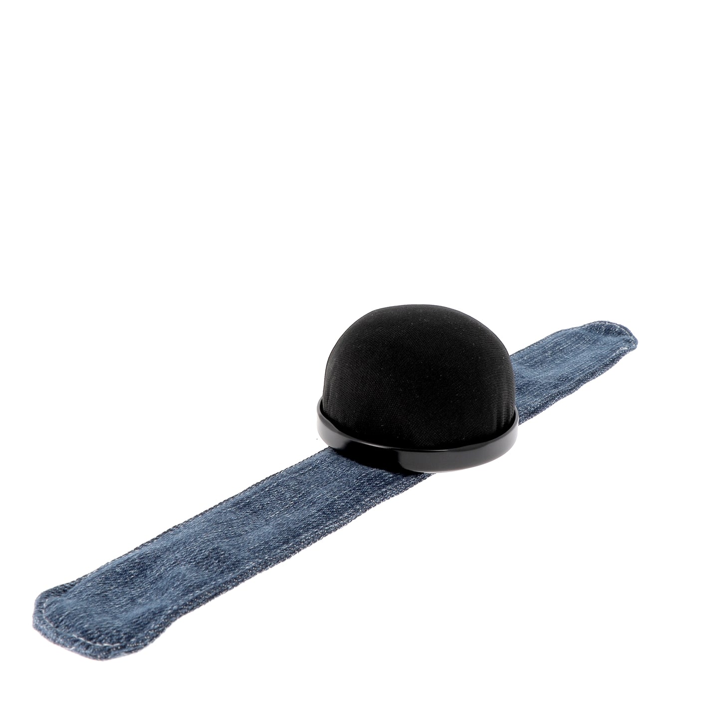 Black pincushion with upcycled denim clap bracelet