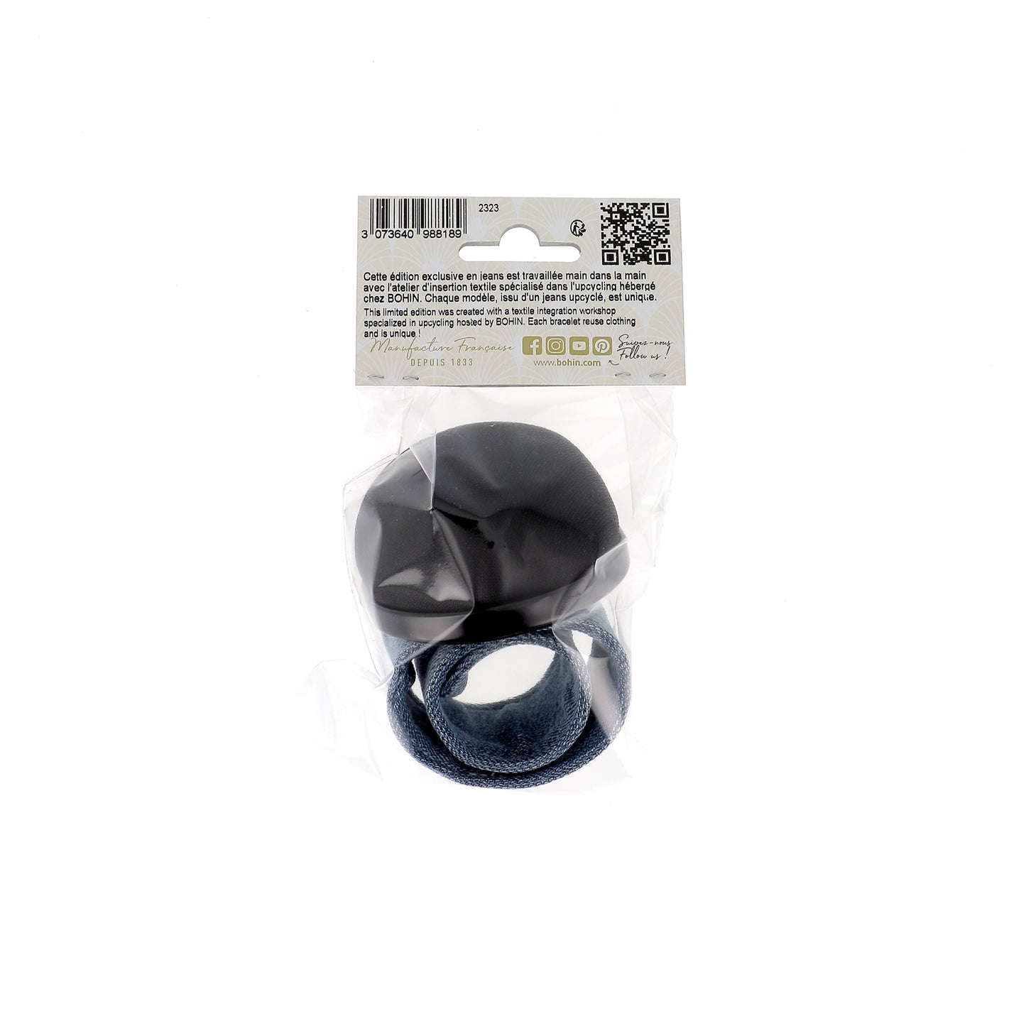 Black pincushion with upcycled denim clap bracelet