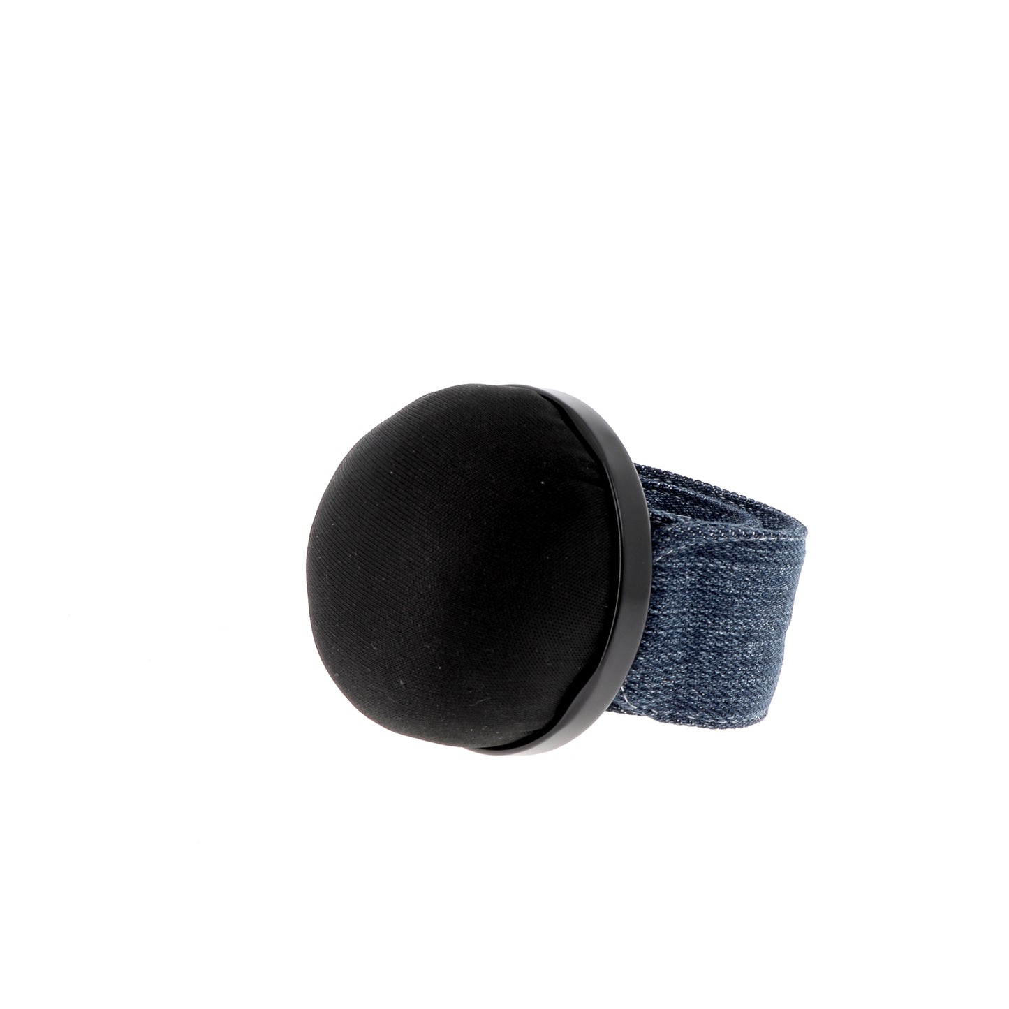 Black pincushion with upcycled denim clap bracelet